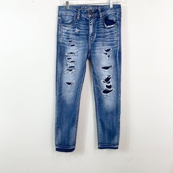 American Eagle Hi Rise Jeggings Crop Womens Jeans 8 Long Distressed - Picture 1 of 8